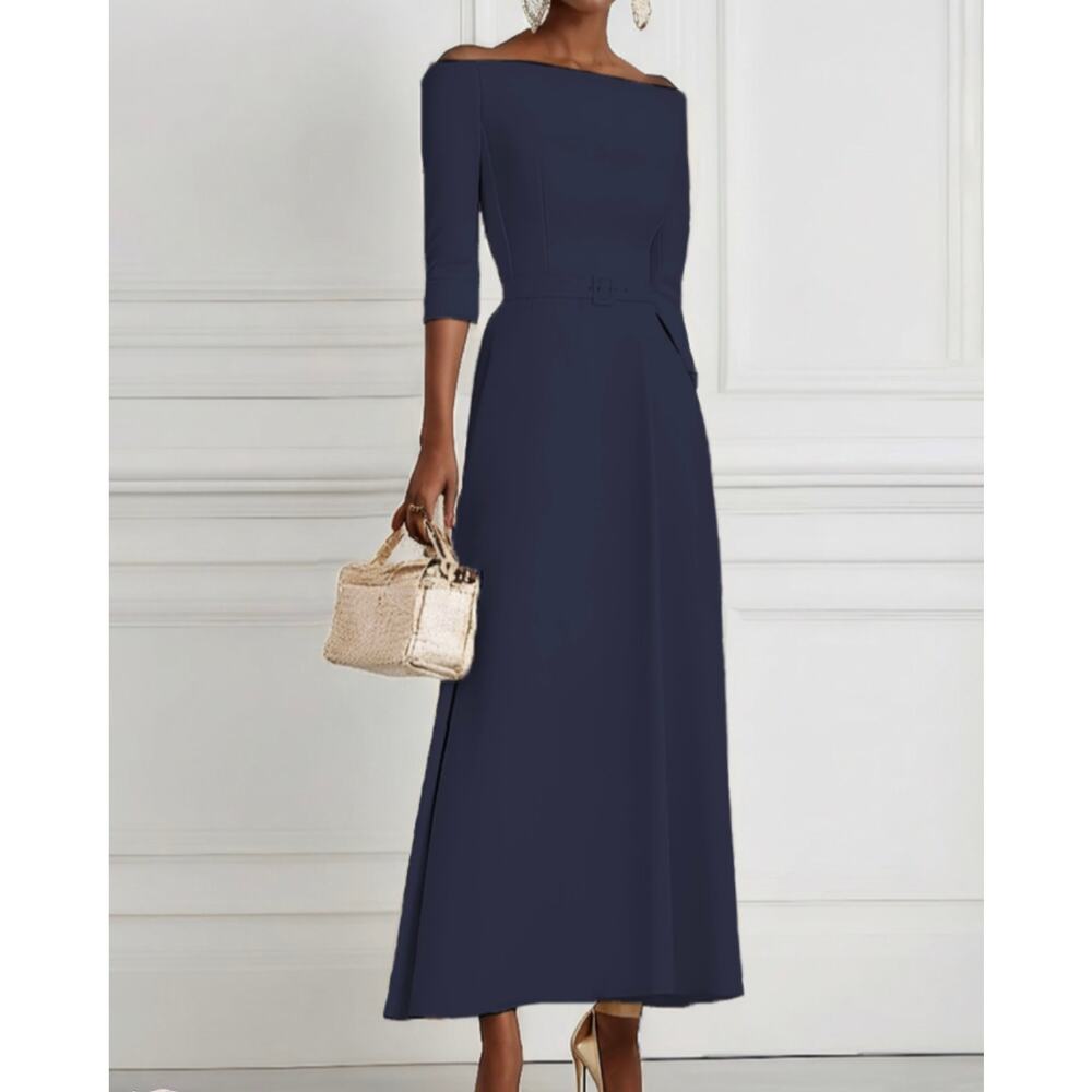 FEHAUTE Belted Midi Dress Size 4 Navy Blue NWT Minimalist Quiet Luxury Modest